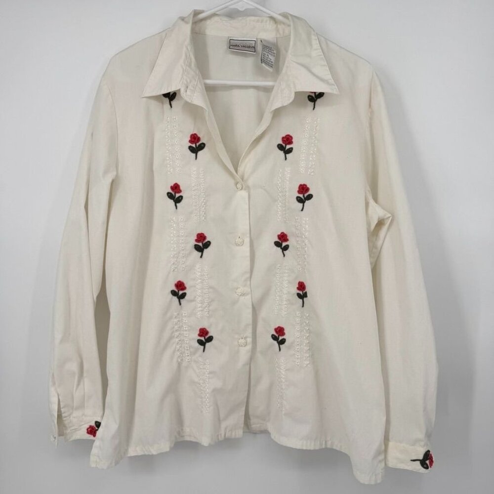 Napa Valley Womens White Button Up Shirt Floral Top Long Sleeve Flowers Sz XL